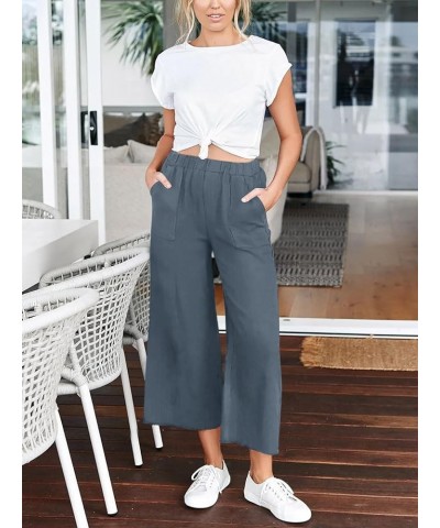 Womens Capri Wide Leg Pants Casual High Waist Linen Palazzo Pants Loose Summer Slacks with Pockets 2024 Blue Grey $20.99 Pants