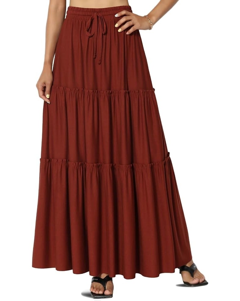 Women's Ruffle Tiered Woven Drawstring Elastic High Rise A-Line Long Maxi Skirt Jersey Dark Rust $15.05 Skirts