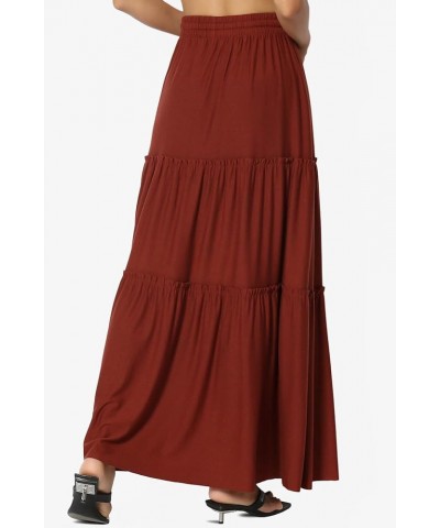 Women's Ruffle Tiered Woven Drawstring Elastic High Rise A-Line Long Maxi Skirt Jersey Dark Rust $15.05 Skirts