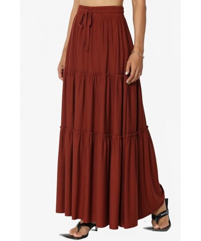 Women's Ruffle Tiered Woven Drawstring Elastic High Rise A-Line Long Maxi Skirt Jersey Dark Rust $15.05 Skirts