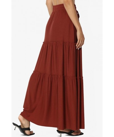 Women's Ruffle Tiered Woven Drawstring Elastic High Rise A-Line Long Maxi Skirt Jersey Dark Rust $15.05 Skirts