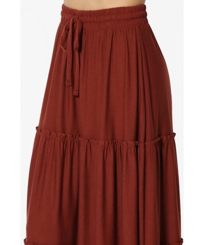 Women's Ruffle Tiered Woven Drawstring Elastic High Rise A-Line Long Maxi Skirt Jersey Dark Rust $15.05 Skirts