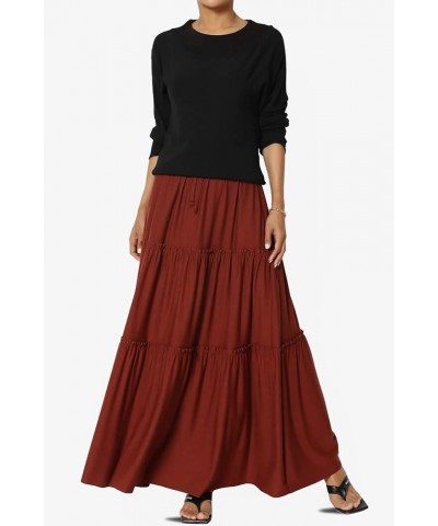 Women's Ruffle Tiered Woven Drawstring Elastic High Rise A-Line Long Maxi Skirt Jersey Dark Rust $15.05 Skirts