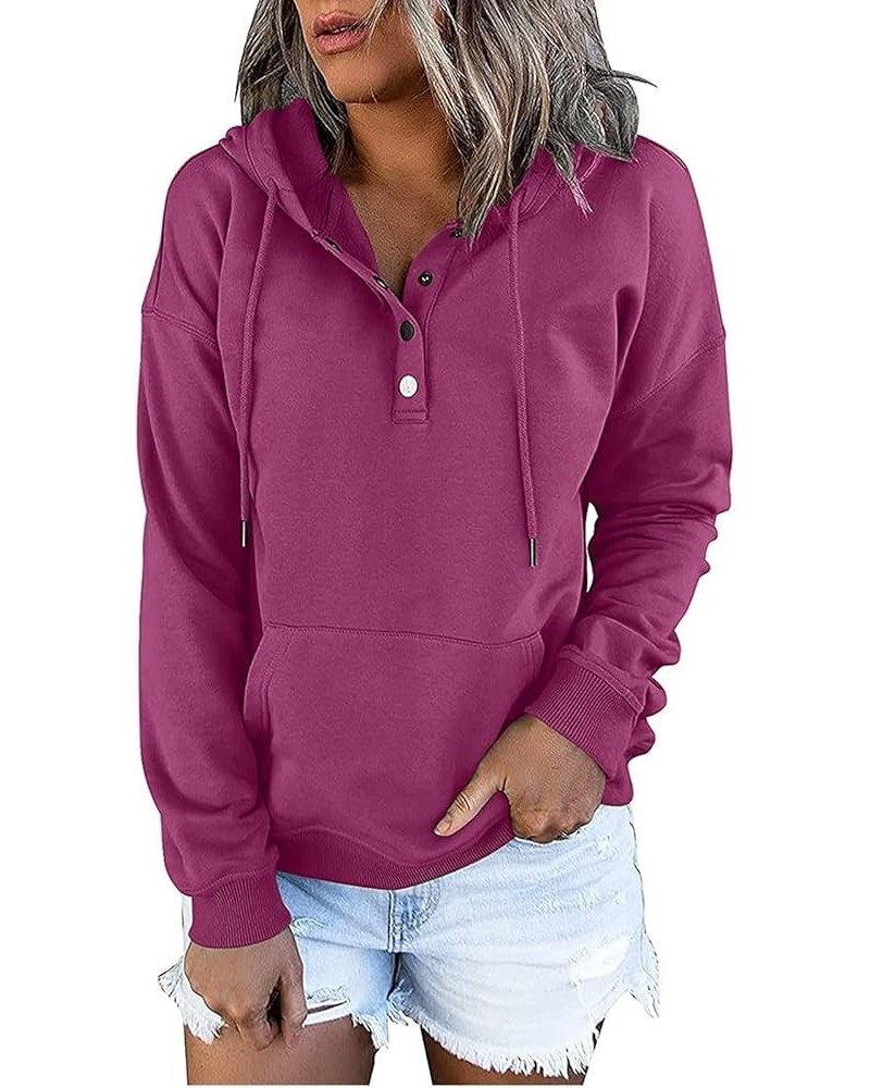 Womens Sweatshirt Fall 2023 Casual Snap Button Drawstring Hoodies Fleece Pullover Long Sleeve Tops Lightweight Pocket A11 Pur...