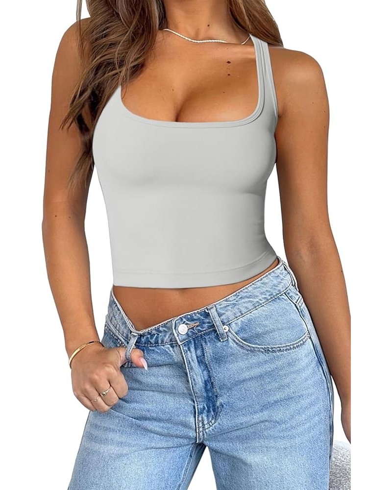 Womens Solid Square Neck Sleevless Crop Tops Summer Casual Basic Racerback Tank Tops White $9.17 Tanks