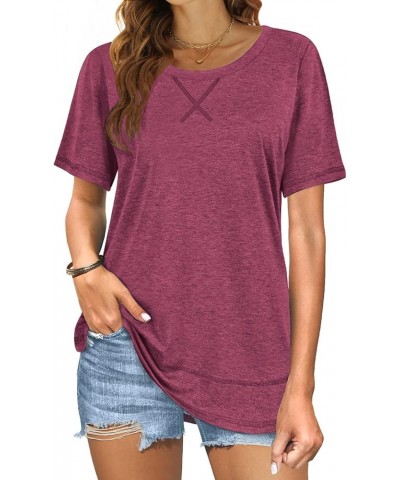 Summer Tops for Women Short Sleeve Crewneck Tshirts Side Split Loose Fit Tunic Shirts Purple $14.49 Tops