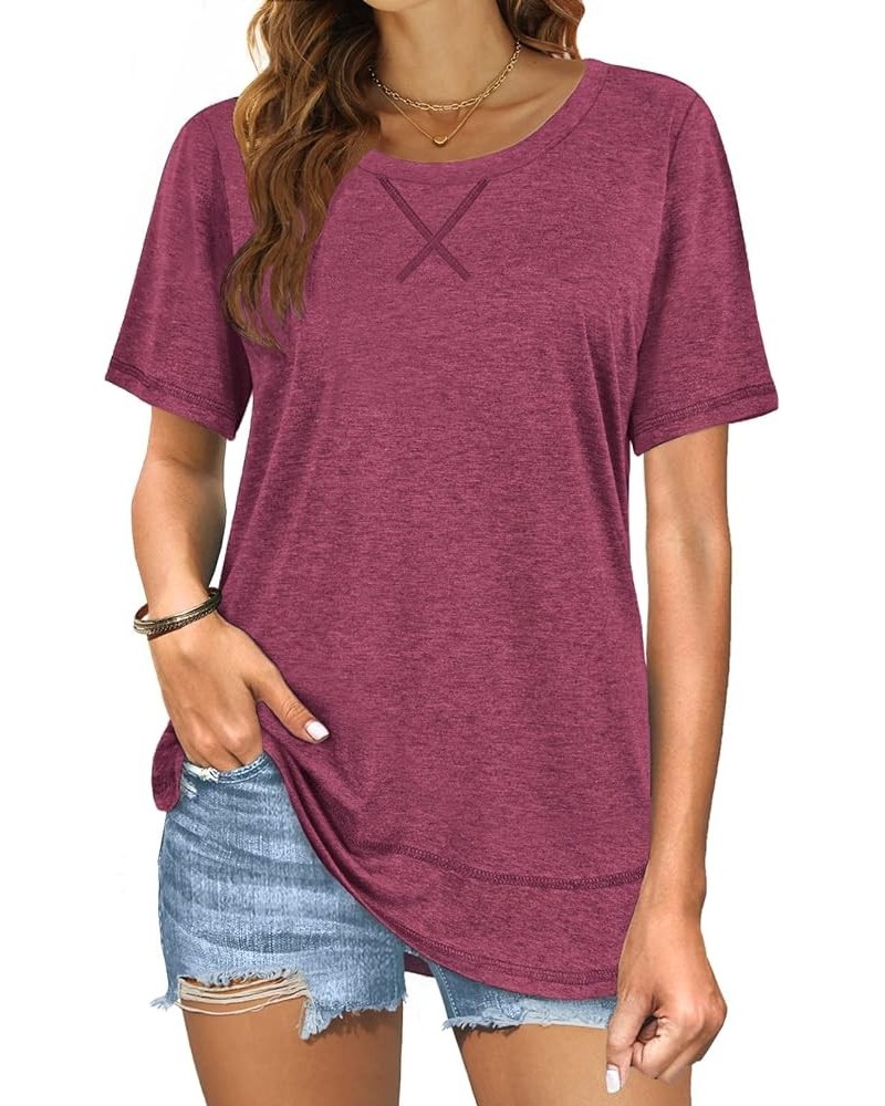 Summer Tops for Women Short Sleeve Crewneck Tshirts Side Split Loose Fit Tunic Shirts Purple $14.49 Tops