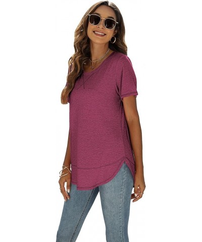 Summer Tops for Women Short Sleeve Crewneck Tshirts Side Split Loose Fit Tunic Shirts Purple $14.49 Tops