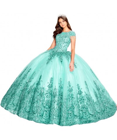 Women's Embroidery Princess Quinceanera Dresses with Wrap Lace Floral Applique Beads Ball Gown Sweet 16 Dresses Aqua $90.89 D...