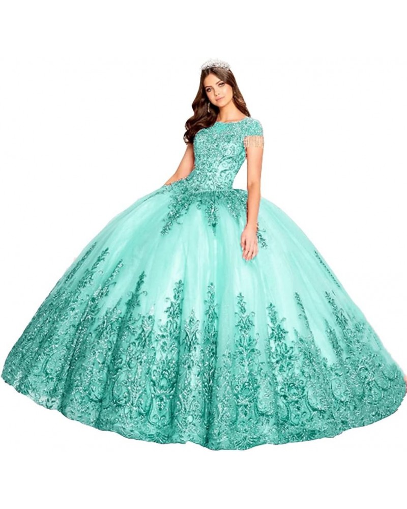 Women's Embroidery Princess Quinceanera Dresses with Wrap Lace Floral Applique Beads Ball Gown Sweet 16 Dresses Aqua $90.89 D...