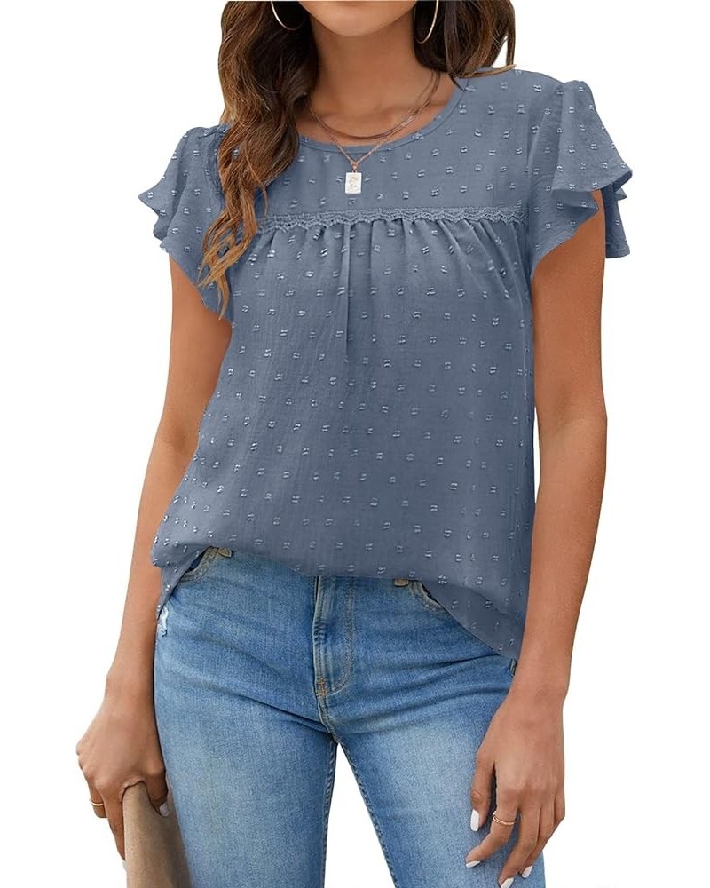 Blouses for Women Crewneck Ruffle Sleeve Flowy Babydoll Shirts Swiss Dot Cute Summer Tops S-2XL 07-haze Blue $11.50 Blouses