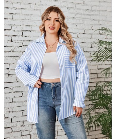 Womens Plus Size Linen Button Down Shirts Long Sleeve Cotton Casual Collared Shirt Loose Blouses Tops with Pocket Blue Stripe...