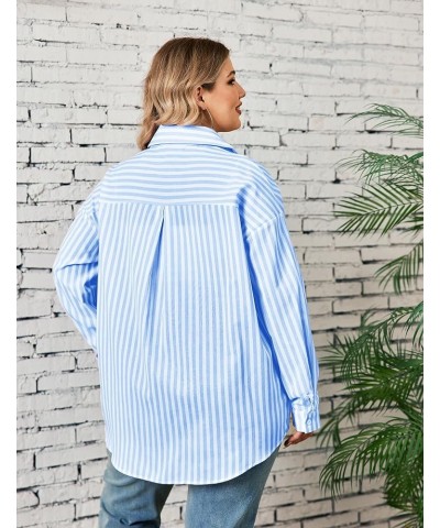 Womens Plus Size Linen Button Down Shirts Long Sleeve Cotton Casual Collared Shirt Loose Blouses Tops with Pocket Blue Stripe...