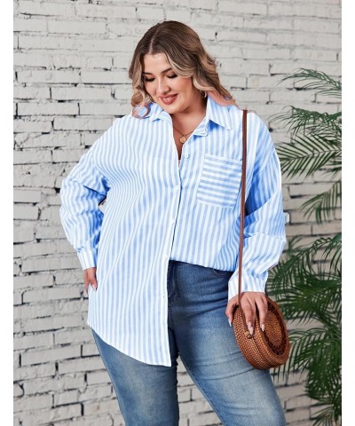 Womens Plus Size Linen Button Down Shirts Long Sleeve Cotton Casual Collared Shirt Loose Blouses Tops with Pocket Blue Stripe...