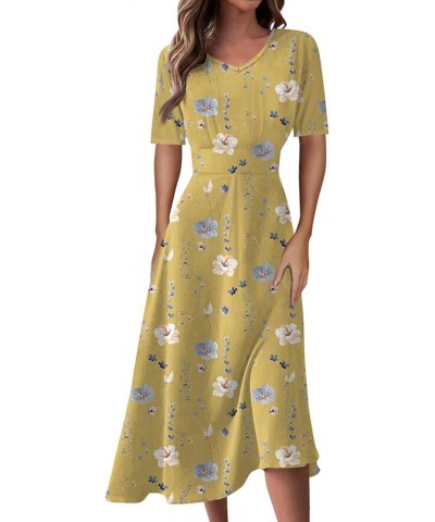 Women's Spring Dresses 2024 Short Sleeve V Neck High Waist Chiffon Dress Summer Swing Maxi Dresses 02-yellow $25.64 Others