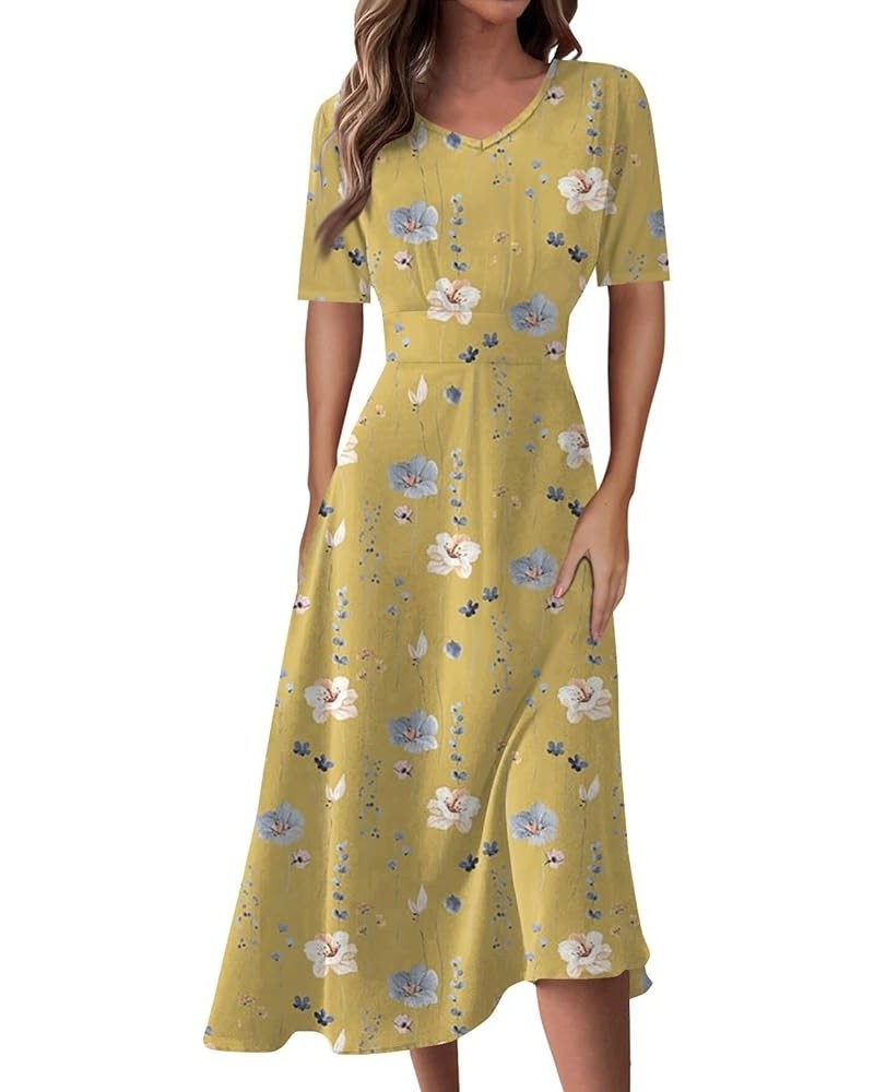 Women's Spring Dresses 2024 Short Sleeve V Neck High Waist Chiffon Dress Summer Swing Maxi Dresses 02-yellow $25.64 Others