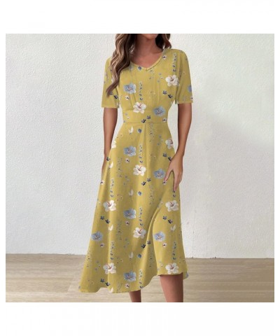 Women's Spring Dresses 2024 Short Sleeve V Neck High Waist Chiffon Dress Summer Swing Maxi Dresses 02-yellow $25.64 Others