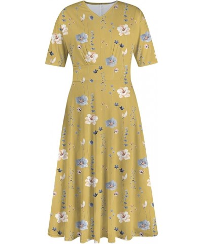 Women's Spring Dresses 2024 Short Sleeve V Neck High Waist Chiffon Dress Summer Swing Maxi Dresses 02-yellow $25.64 Others