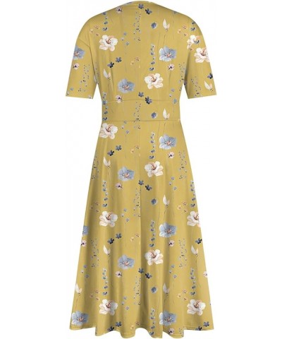 Women's Spring Dresses 2024 Short Sleeve V Neck High Waist Chiffon Dress Summer Swing Maxi Dresses 02-yellow $25.64 Others