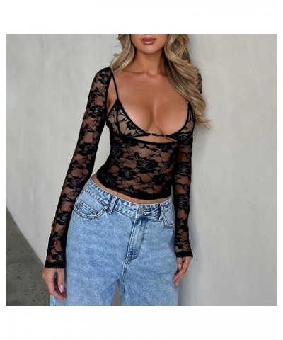 Womens Y2k Long Sleeve Floral Lace Crop Tops Mesh Sheer Casual V Neck T Shirts Going Out Aesthetic Slim Fit Blouses A-black $...