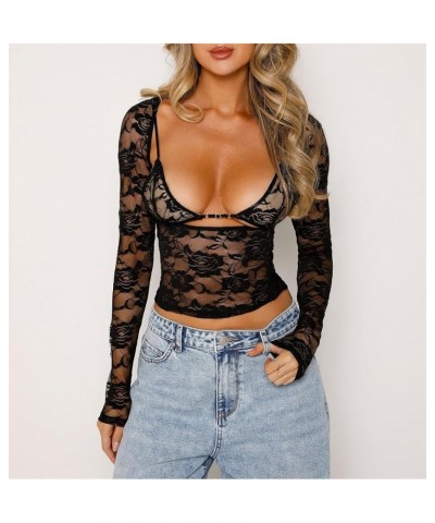 Womens Y2k Long Sleeve Floral Lace Crop Tops Mesh Sheer Casual V Neck T Shirts Going Out Aesthetic Slim Fit Blouses A-black $...