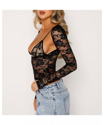 Womens Y2k Long Sleeve Floral Lace Crop Tops Mesh Sheer Casual V Neck T Shirts Going Out Aesthetic Slim Fit Blouses A-black $...