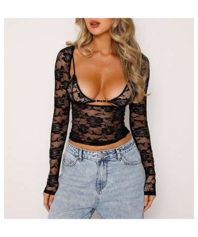 Womens Y2k Long Sleeve Floral Lace Crop Tops Mesh Sheer Casual V Neck T Shirts Going Out Aesthetic Slim Fit Blouses A-black $...