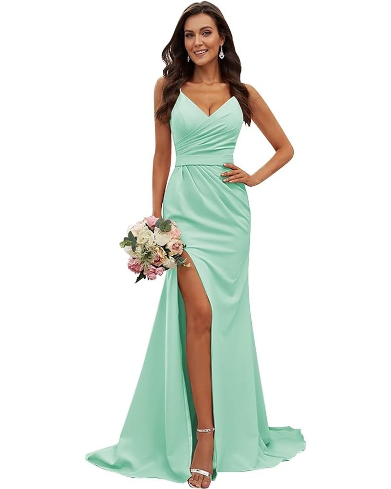 Women's Satin Bridesmaid Dresses Mermaid V-Neck Formal Evening Gowns with Slit Mint Green $35.39 Dresses