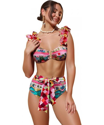 Women High Waisted Swimsuit Flounce Straps Bikini Bathing Suit Print 1 $23.77 Swimsuits