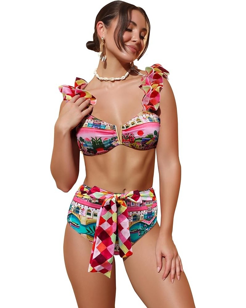 Women High Waisted Swimsuit Flounce Straps Bikini Bathing Suit Print 1 $23.77 Swimsuits