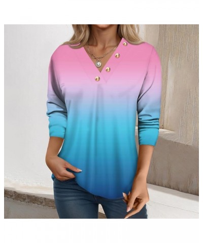 Womens Tops Trendy Summer 3/4 Sleeve Casual Shirts Gradient Color Print V Neck T-Shirt with Button Trim 01-purple Pink $8.43 ...