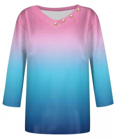 Womens Tops Trendy Summer 3/4 Sleeve Casual Shirts Gradient Color Print V Neck T-Shirt with Button Trim 01-purple Pink $8.43 ...