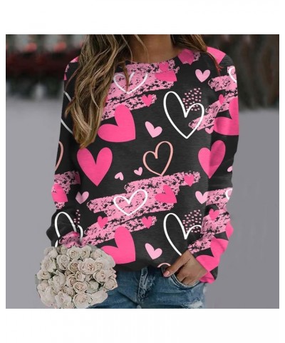 Womens Valentine Day Print Sweatshirt Round Neck Fit Pullover Tops Casual Active Hoodie Long Sleeve Heart Blouse A20-black $3...