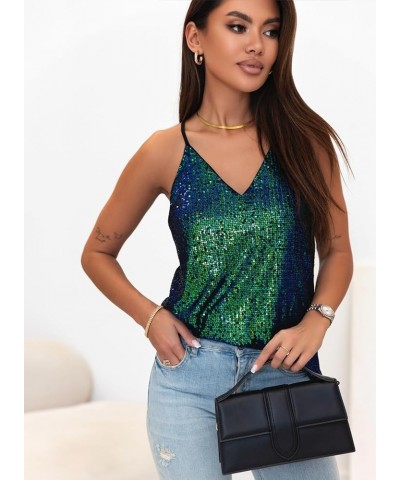 Womens Tank Tops Casual Fashion V Neck Strappy Sequin Sparkle Shimmer Camisole Sleeveless Tanks Tops Color Block 029 $15.17 T...