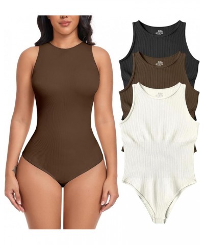 Women Bodysuits 3 Piece Tank Tops Ribbed Sleeveless Sexy One Piece Halter Neck Shapewear Bodysuit Black Coffee Beige $11.59 L...