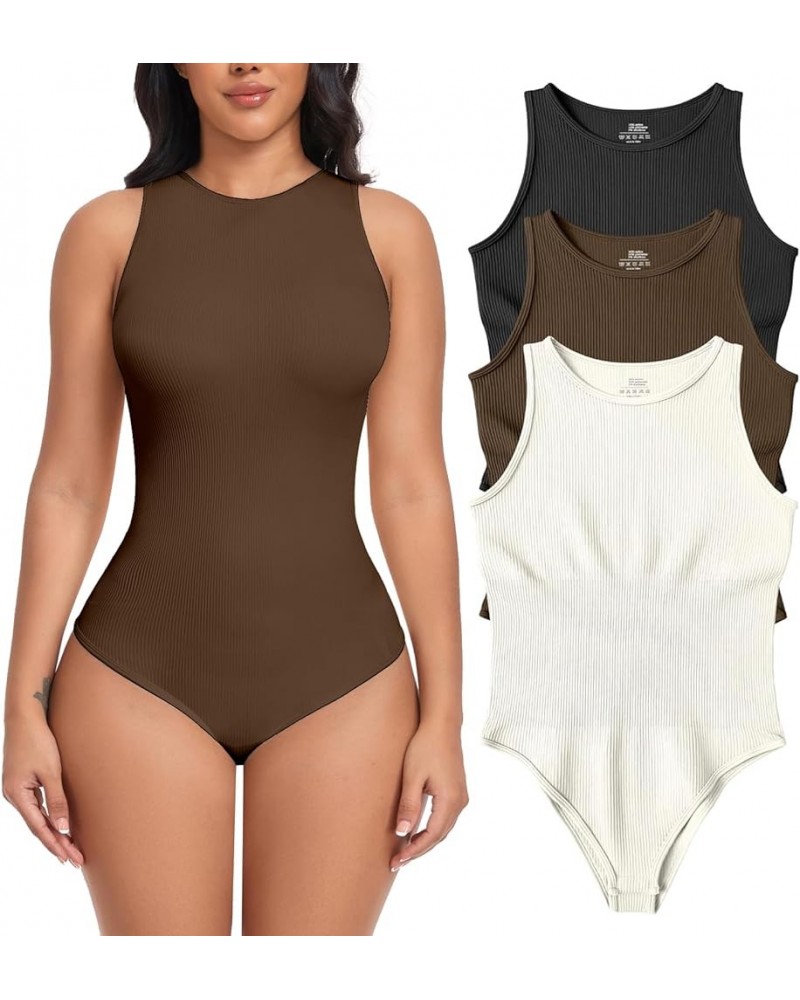 Women Bodysuits 3 Piece Tank Tops Ribbed Sleeveless Sexy One Piece Halter Neck Shapewear Bodysuit Black Coffee Beige $11.59 L...