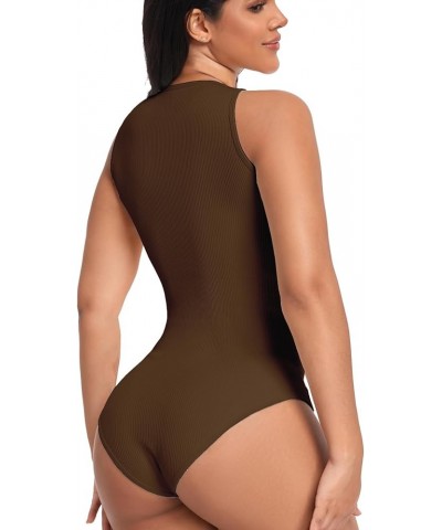 Women Bodysuits 3 Piece Tank Tops Ribbed Sleeveless Sexy One Piece Halter Neck Shapewear Bodysuit Black Coffee Beige $11.59 L...