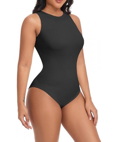 Women Bodysuits 3 Piece Tank Tops Ribbed Sleeveless Sexy One Piece Halter Neck Shapewear Bodysuit Black Coffee Beige $11.59 L...