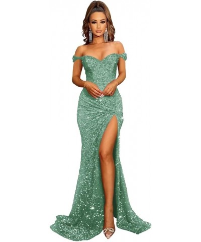 Sparkly Sequin Mermaid Prom Dresses for Women 2024 Long Bodycon Off Shoulder Formal Evening Party Gown with Slit Turquoise $3...