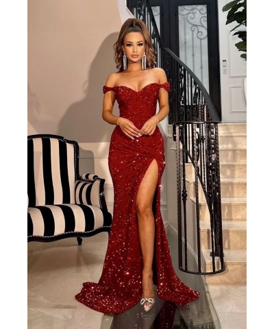 Sparkly Sequin Mermaid Prom Dresses for Women 2024 Long Bodycon Off Shoulder Formal Evening Party Gown with Slit Turquoise $3...