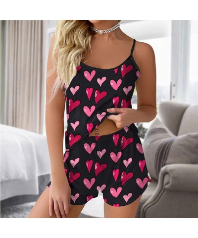 Womens Cami Pajama Set Sleeveless Love Heart Graphic Cami Pajama Top and Shorts Soft Sleepwear Valentine's Day Q26-watermelon...