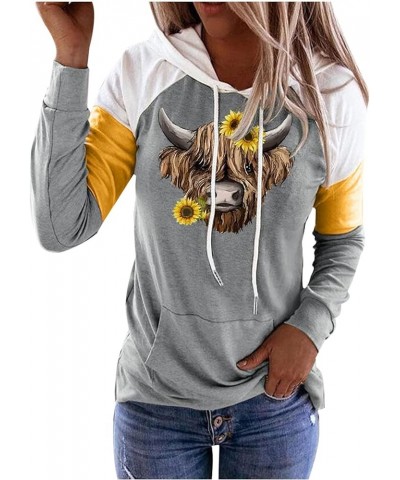 Women's Casual Color Block Hoodies Bull's Head Sunflower Graphic Drawstring Long Sleeve Hooded Pullover Kangaroo Pocket Blue ...