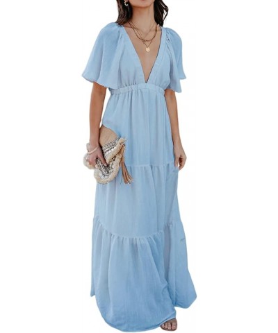 Women's Summer Maxi Dress Sexy V Neck Ruffle Sleeve Backless Pleated Tiered Flowy Dresses for Beach Vacation S-XL Light Blue ...