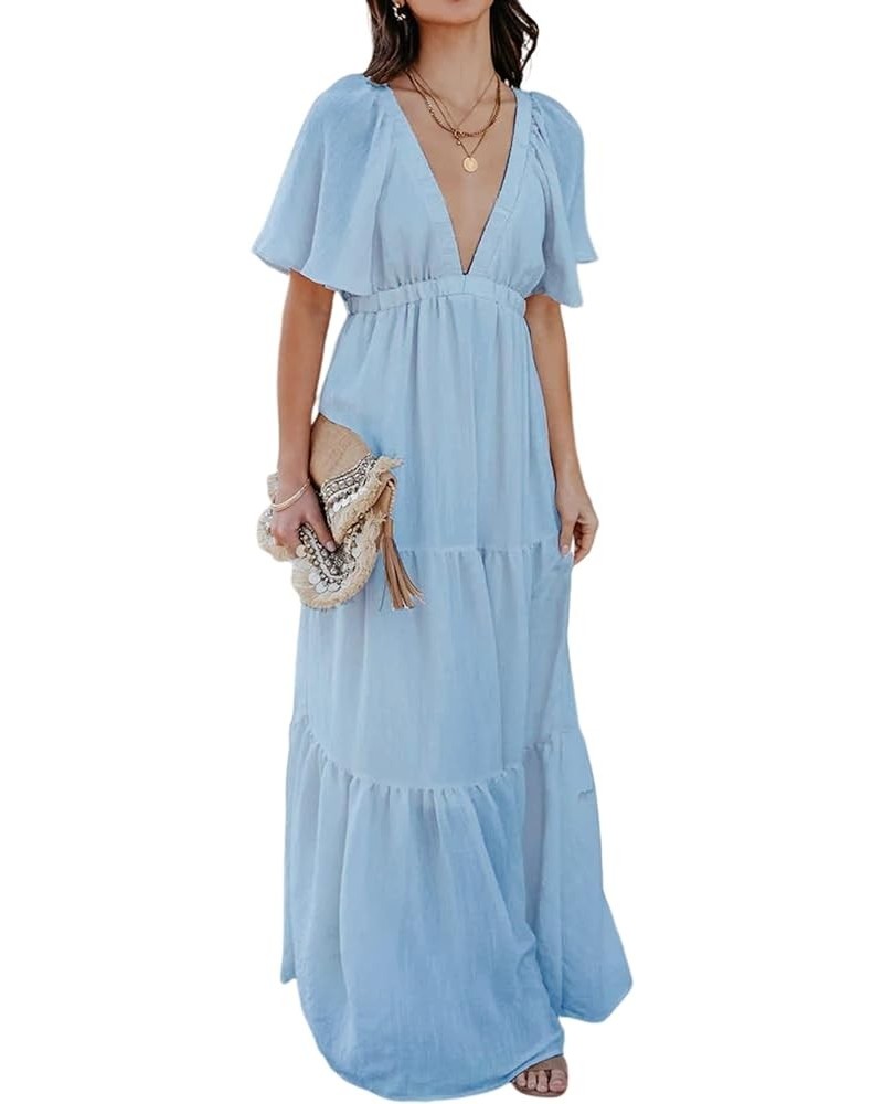 Women's Summer Maxi Dress Sexy V Neck Ruffle Sleeve Backless Pleated Tiered Flowy Dresses for Beach Vacation S-XL Light Blue ...