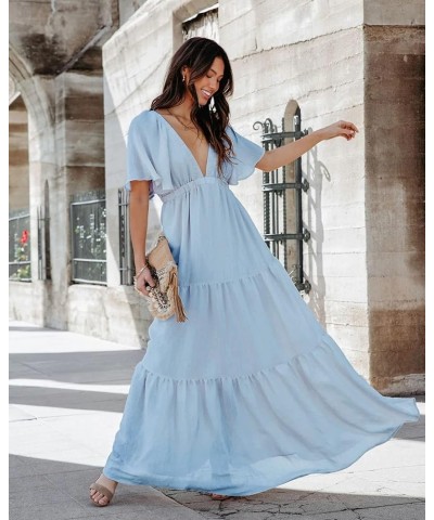 Women's Summer Maxi Dress Sexy V Neck Ruffle Sleeve Backless Pleated Tiered Flowy Dresses for Beach Vacation S-XL Light Blue ...