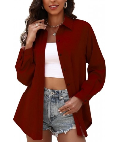 Womens Button Down Collared Shirts Long Sleeve Blouses Oversized Causal Tops with Pocket Wine Red $12.03 Blouses