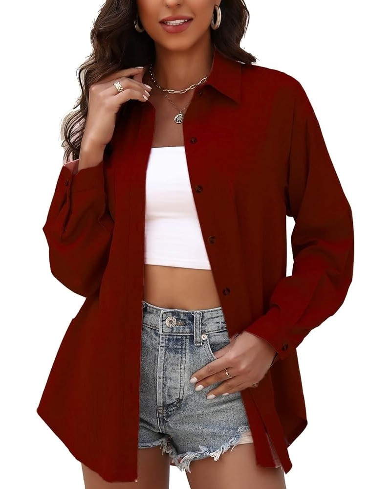 Womens Button Down Collared Shirts Long Sleeve Blouses Oversized Causal Tops with Pocket Wine Red $12.03 Blouses