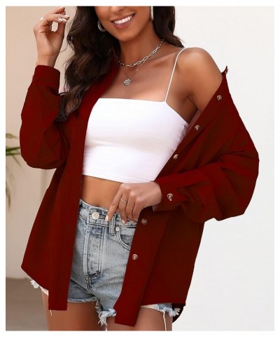 Womens Button Down Collared Shirts Long Sleeve Blouses Oversized Causal Tops with Pocket Wine Red $12.03 Blouses