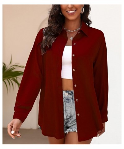 Womens Button Down Collared Shirts Long Sleeve Blouses Oversized Causal Tops with Pocket Wine Red $12.03 Blouses