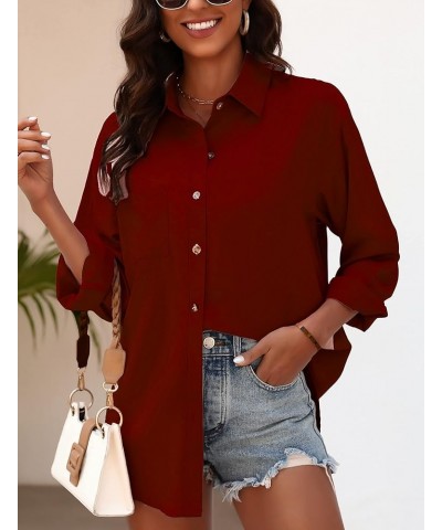 Womens Button Down Collared Shirts Long Sleeve Blouses Oversized Causal Tops with Pocket Wine Red $12.03 Blouses